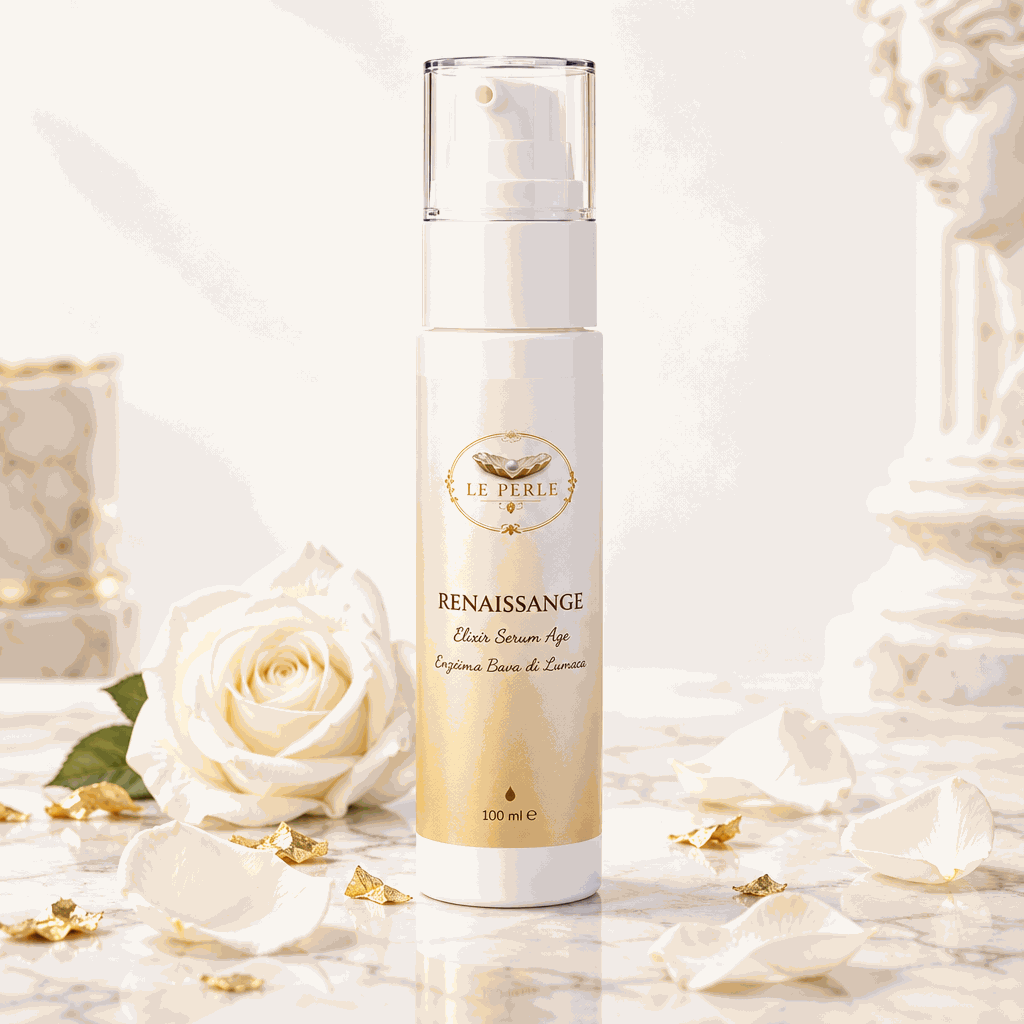 Siero viso Elixir Serum Age Le Perle Renaissange, flacone bianco e oro con erogatore spray e tappo trasparente.