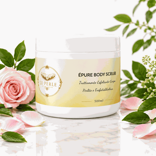 Scrub corpo Épure Body Scrub in barattolo bianco con etichetta oro chiaro, dettagli neri e formula esfoliante da 500 ml.