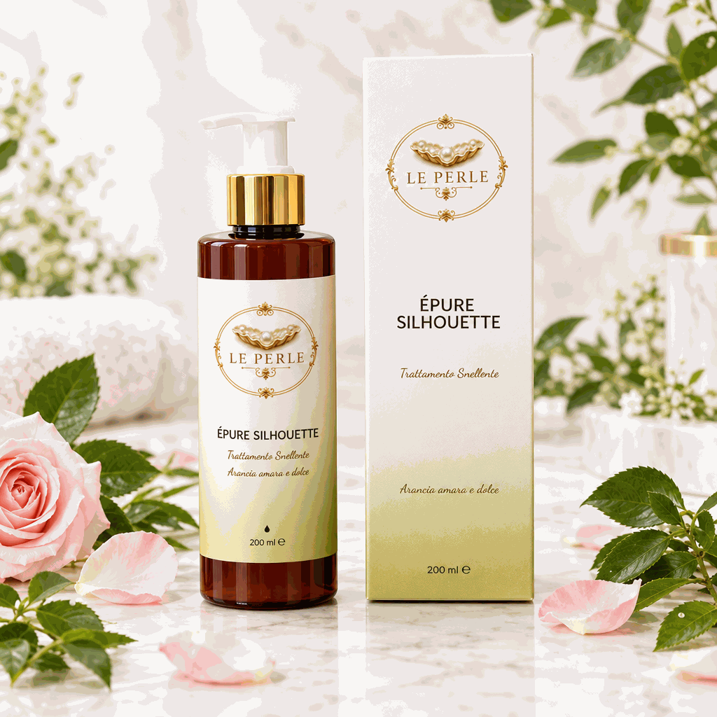 Épure Silhouette Crema in flacone ambrato con erogatore dorato e scatola avorio sfumata in oro, decorati con dettagli eleganti