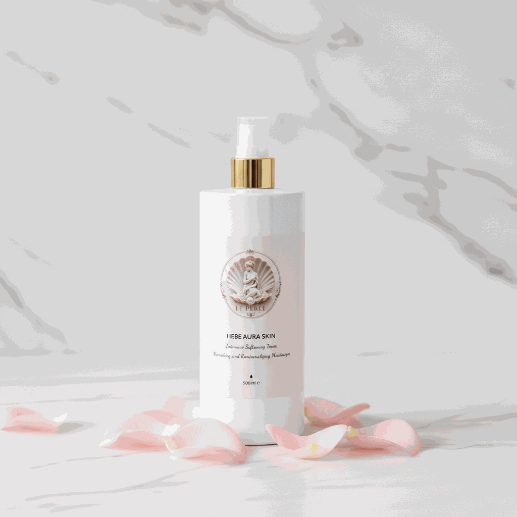 Tonico viso bianco con erogatore e etichetta decorata, formula delicata idratante Hebe Aura Skin 500ml.