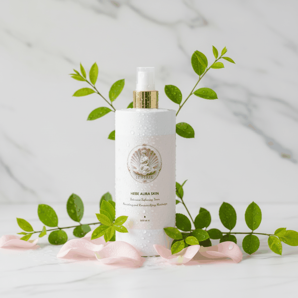 Tonico viso bianco opaco con erogatore dorato e etichetta decorata, circondato da foglie verdi e petali rosa, marca Hebe Aura Skin.