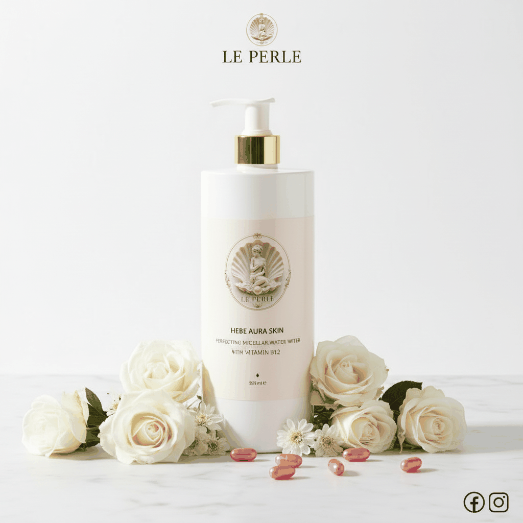 Acqua micellare Le Perle Hebe Aura in flacone bianco con pompa dorata, etichetta beige e vitamina B12.