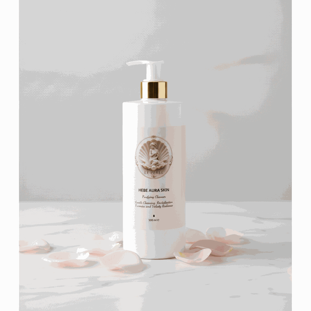 Latte detergente Le Perle Hebe Aura Skin Latte Detergente, flacone bianco con pompa e dettagli dorati, 500 ml.