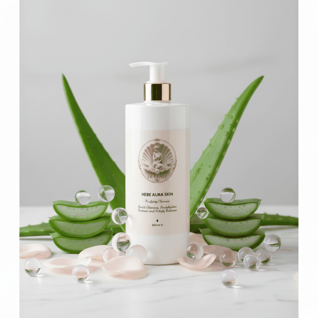 Le Perle Hebe Aura Skin Latte Detergente viso in flacone bianco con erogatore a pompa e dettagli dorati, formato 500 ml.
