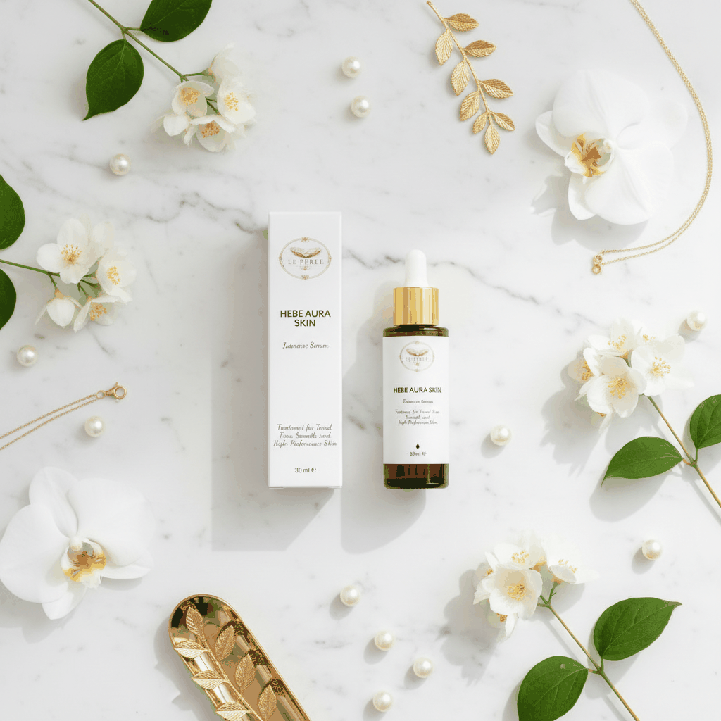Siero viso Le Perle Hebe Aura Skin in flacone ambrato con contagocce e dettagli dorati, accompagnato dalla scatola coordinata.