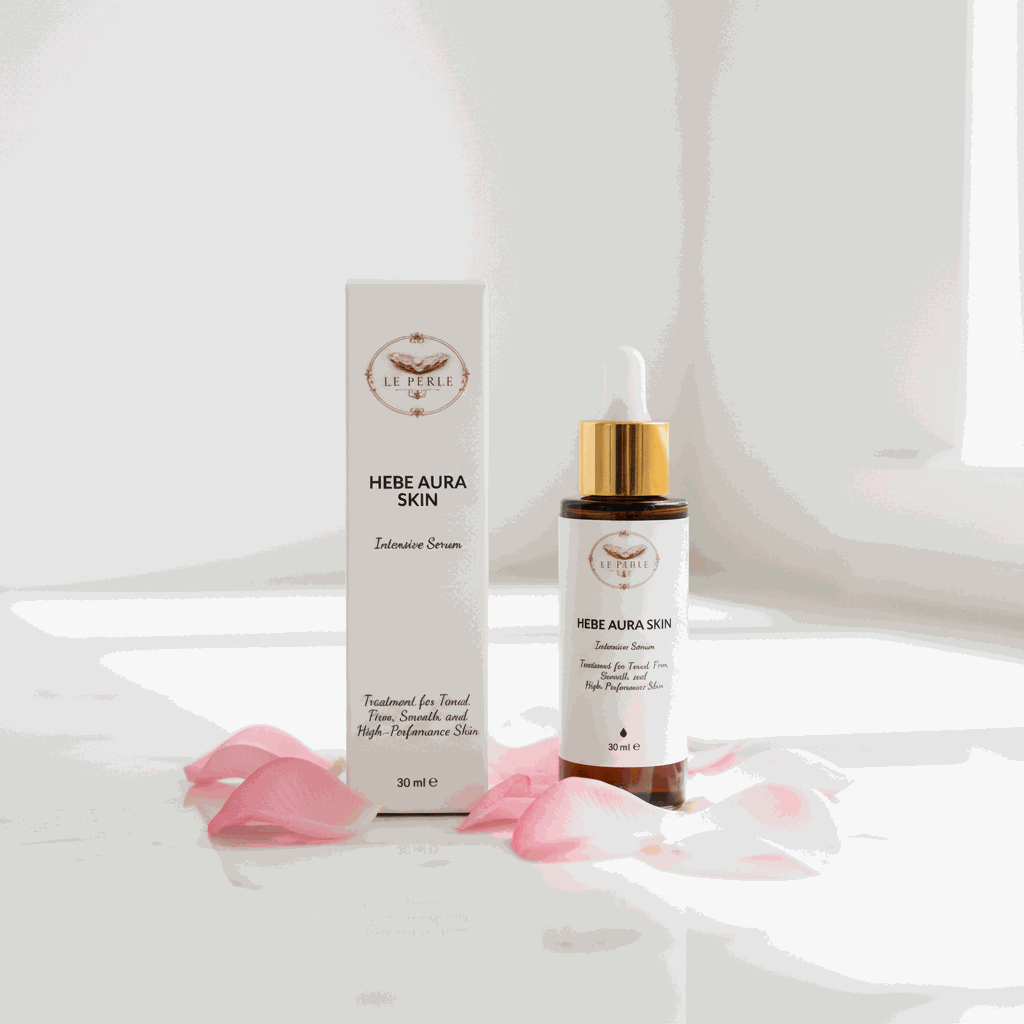 Siero viso Le Perle Hebe Aura Skin in flacone di vetro bianco con contagocce e tappo dorato, confezione coordinata.
