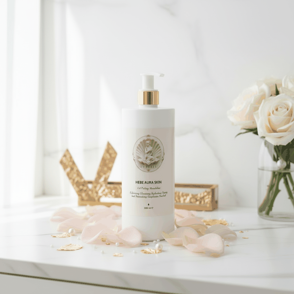 Le Perle Hebe Aura Skin Peeling è un gel esfoliante in flacone bianco opaco con dosatore e dettagli dorati.
