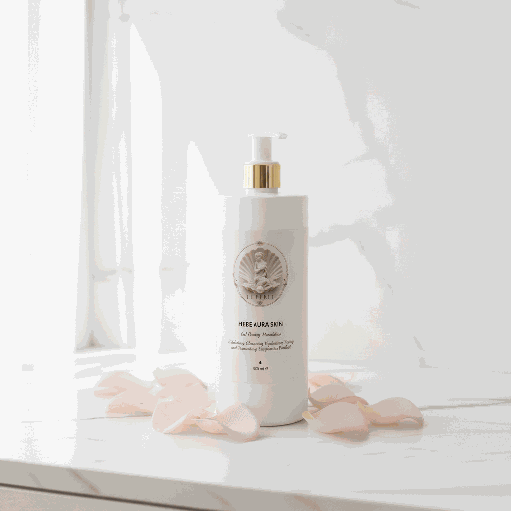 Flacone bianco con pompa dorata e logo decorativo, gel esfoliante viso Le Perle Hebe Aura Skin Peeling da 500 ml, elegante e minimalista.