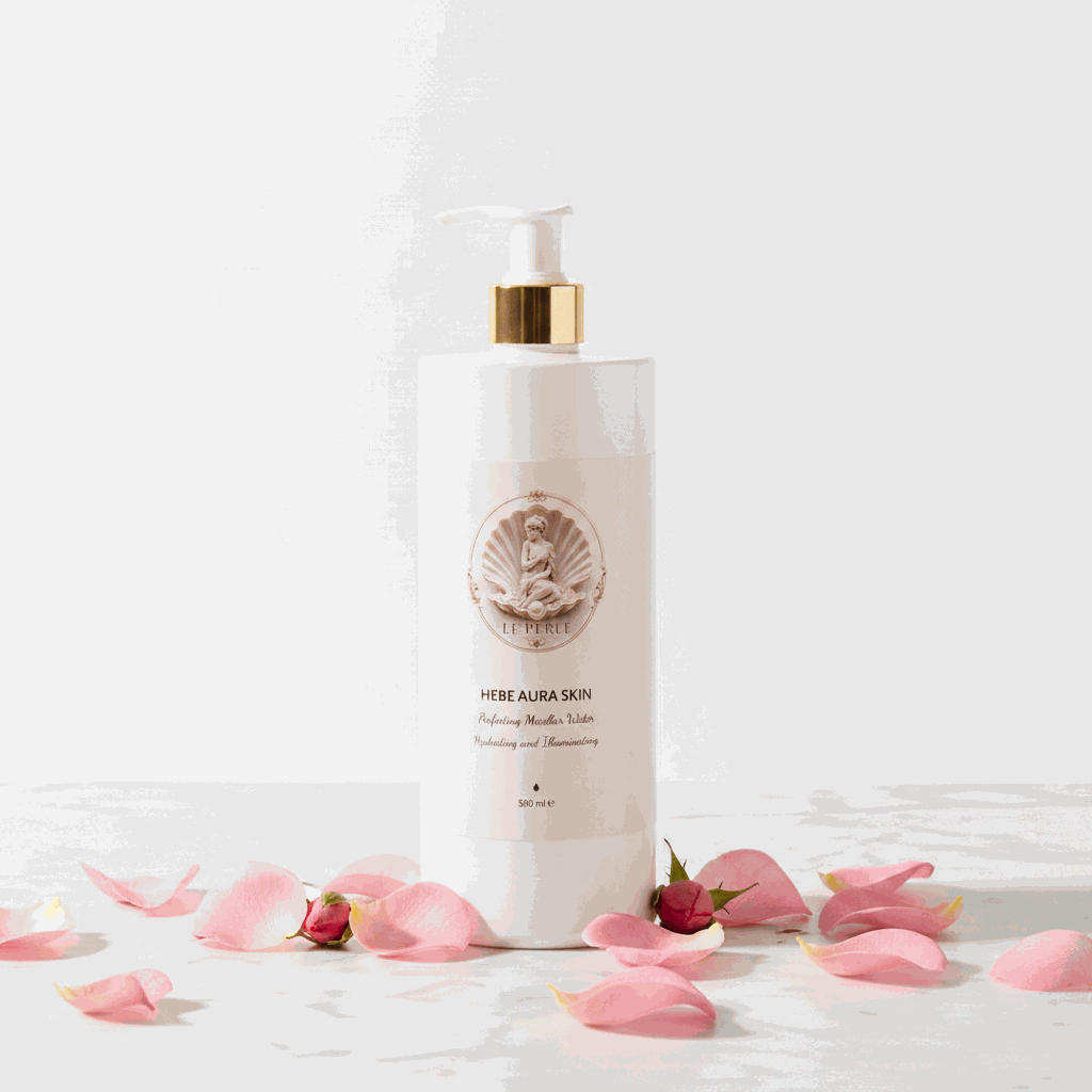Acqua micellare Le Perle Hebe Aura in flacone bianco con pompa dorata, decorato da logo circolare e scritte nere.