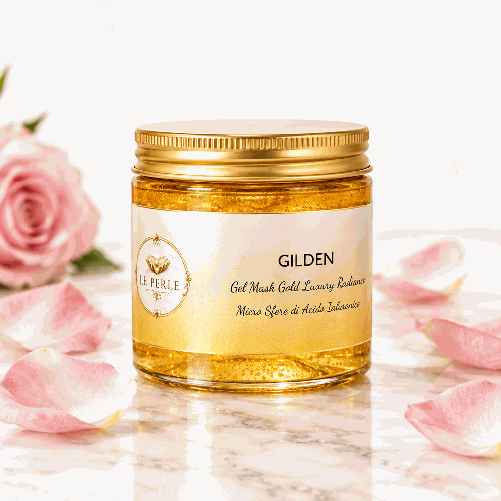 Maschera Viso Gel Dorata in barattolo trasparente con gel dorato scintillante, etichetta crema e tappo metallico oro.