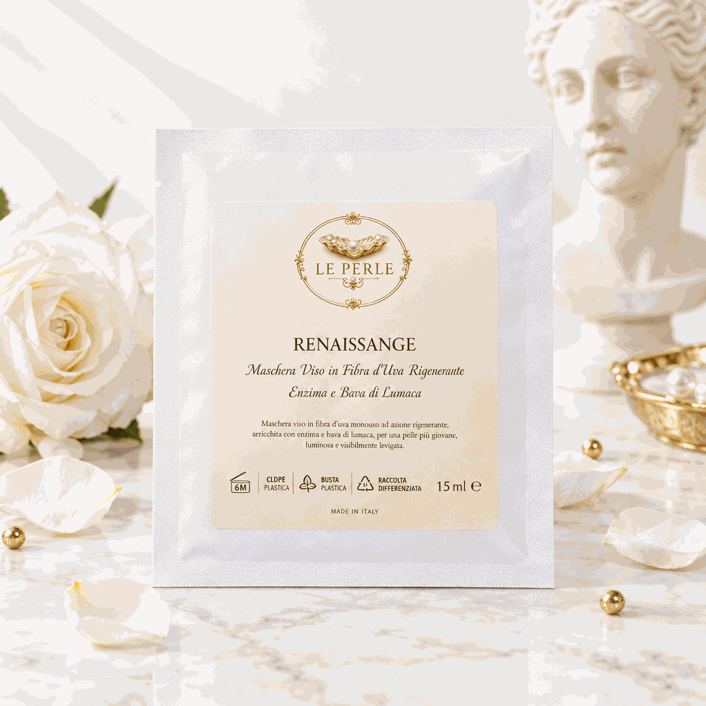 Maschera Viso Rigen monouso in fibra d’uva, confezione bianca con etichetta avorio e dettagli dorati, da 15 ml