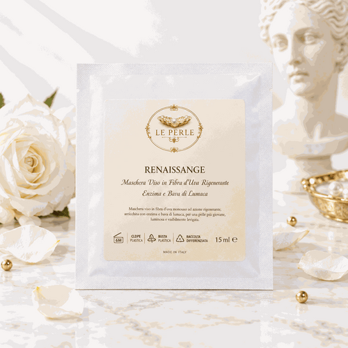 Maschera Viso Rigen monouso in fibra d’uva, confezione bianca con etichetta avorio e dettagli dorati, da 15 ml
