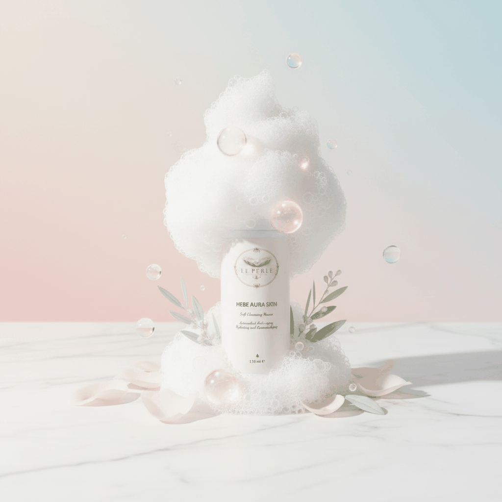 Soft Mousse Detergente viso Le Perle Hebe Aura Skin bianco con schiuma soffice, texture leggera e avvolgente, 150 ml.